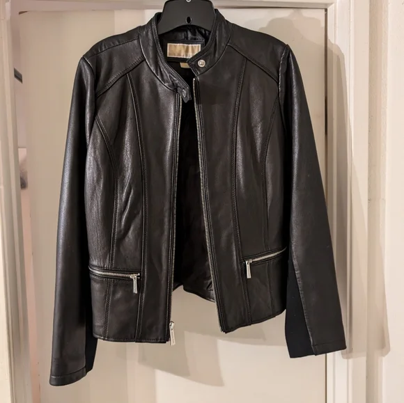 Michael Kors black leather jacket women size large - Picture 1 of 8